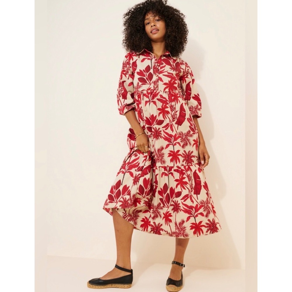 NWT* Maeve Anthropologie Bettina Tiered Maxi Shirt Dress Red Palm Tree Medium